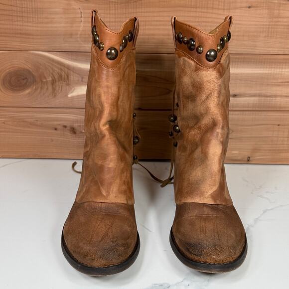 Free People Wayland Brown Distressed Leather Studs Back Ankle Boots Women's 6.5 - Picture 4 of 16